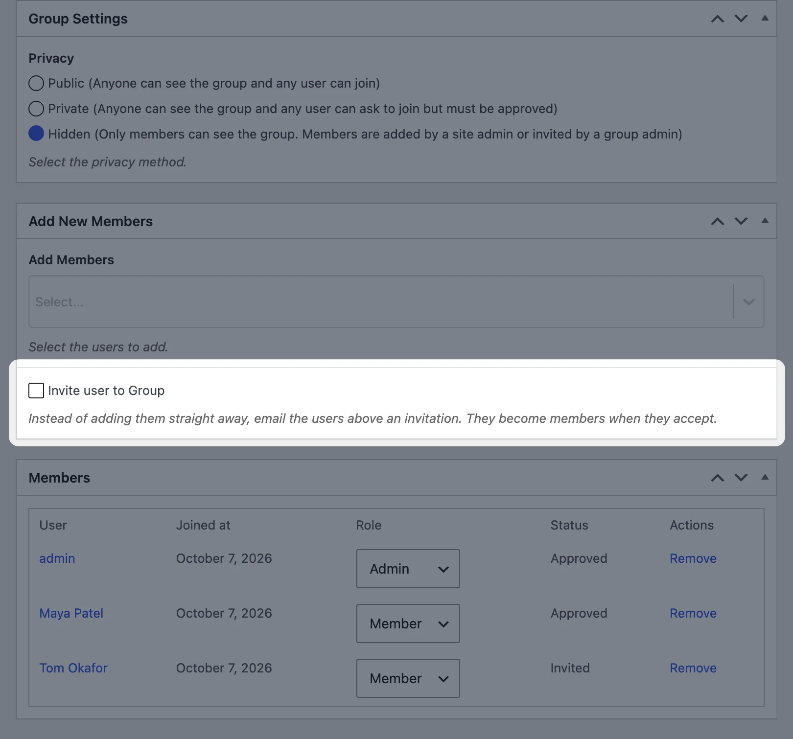 The group editor with Hidden privacy selected and the Invite user to Group option under Add Members