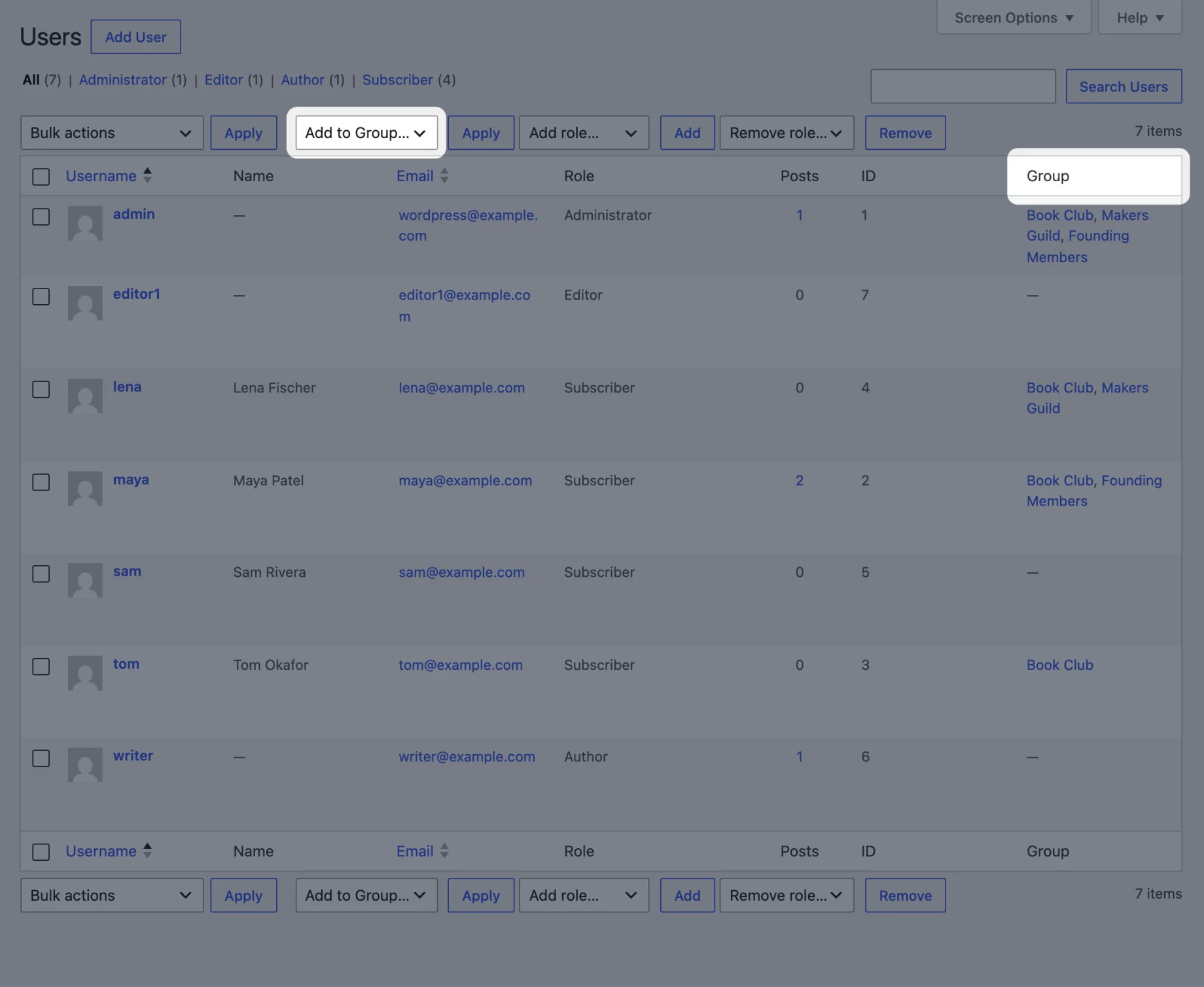 The Users screen with the Add to Group dropdown and the Group column