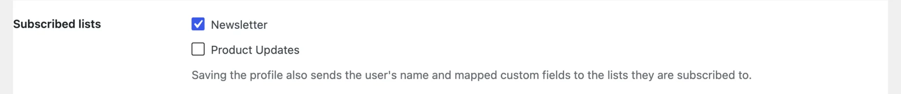 The Mailchimp section on a user's profile, with Newsletter ticked and Product Updates unticked