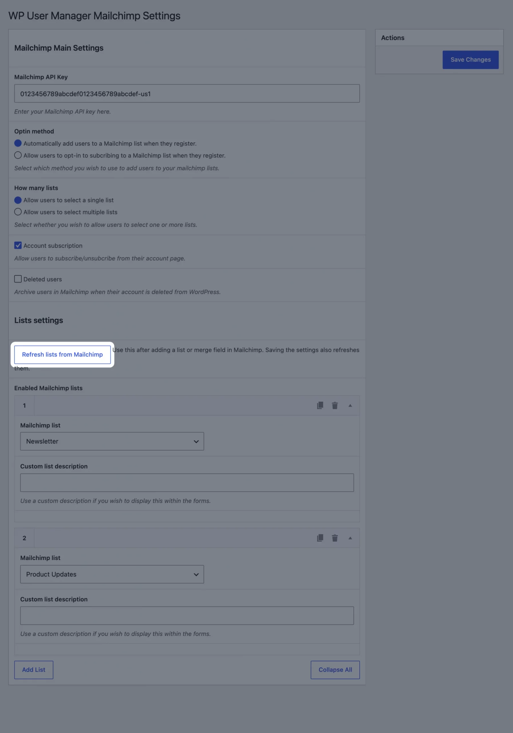 The Refresh lists from Mailchimp button under Lists settings