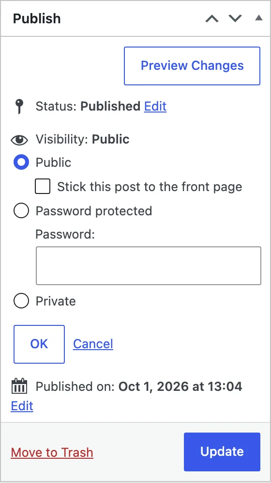 The Public, Password protected and Private visibility options for a WordPress post