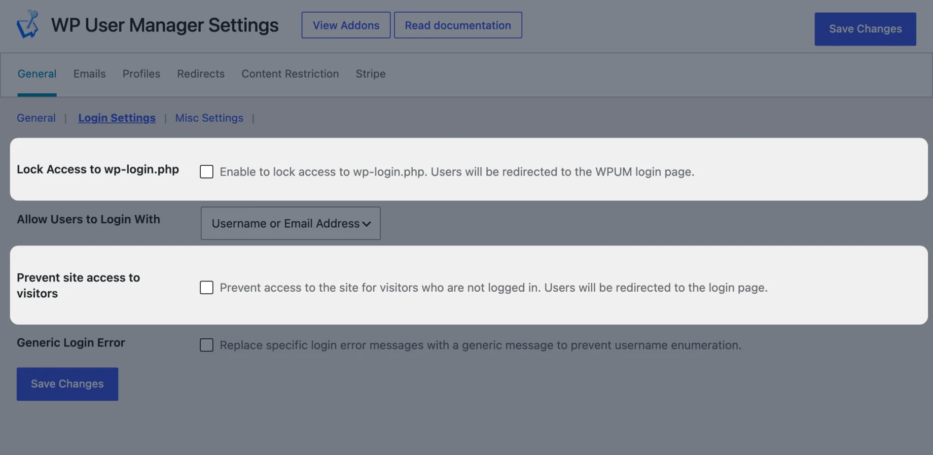 The Prevent site access to visitors and Lock Access to wp-login.php settings