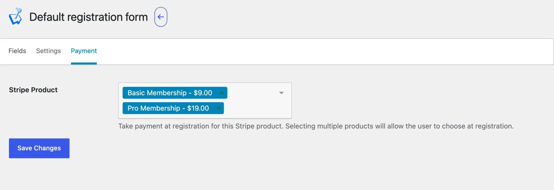 The Payment tab of a WP User Manager registration form, with two Stripe products selected