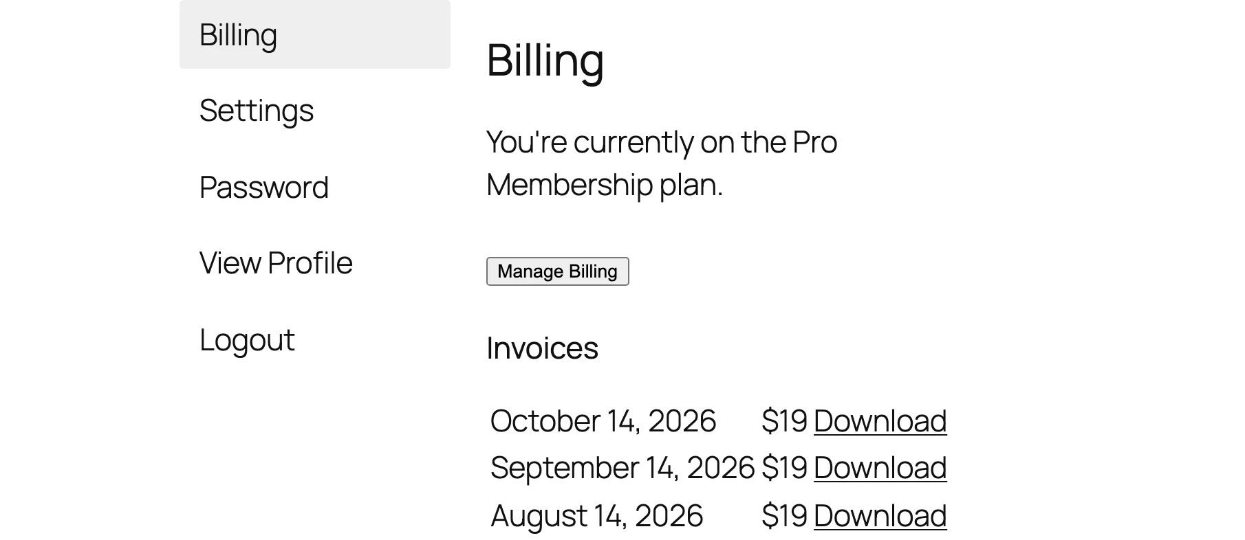 The Billing tab on the WP User Manager account page, with the member's plan, a Manage Billing button and their invoices