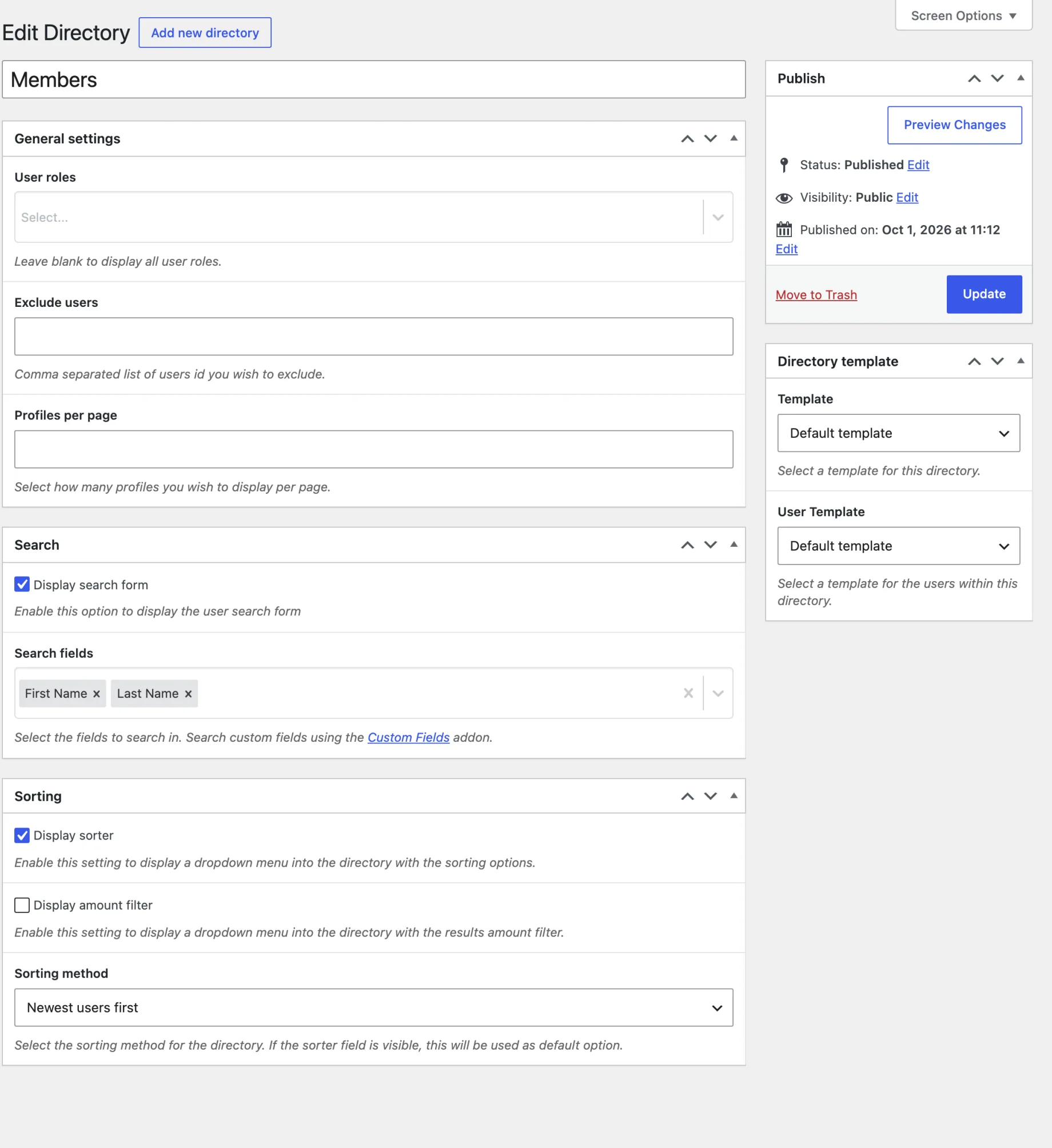 Directory settings in WP User Manager: roles, search form, search fields and sorting