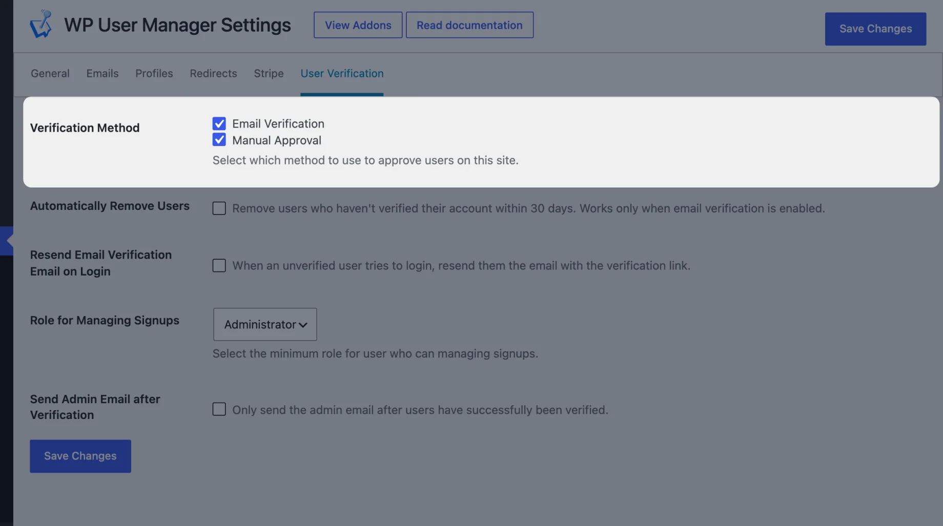 The Verification Method setting with Email Verification and Manual Approval both ticked