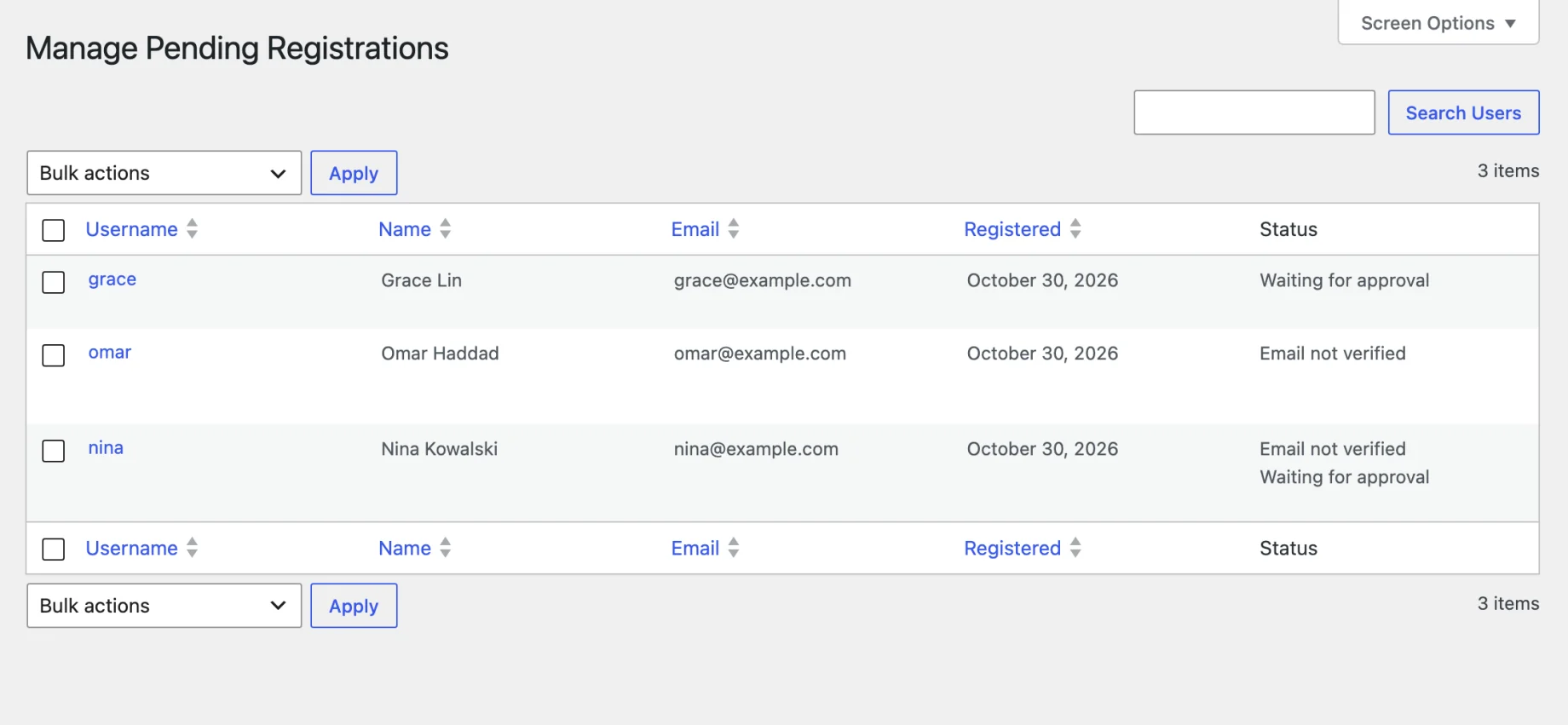 Manage Signups with a Status column showing what each user is waiting on