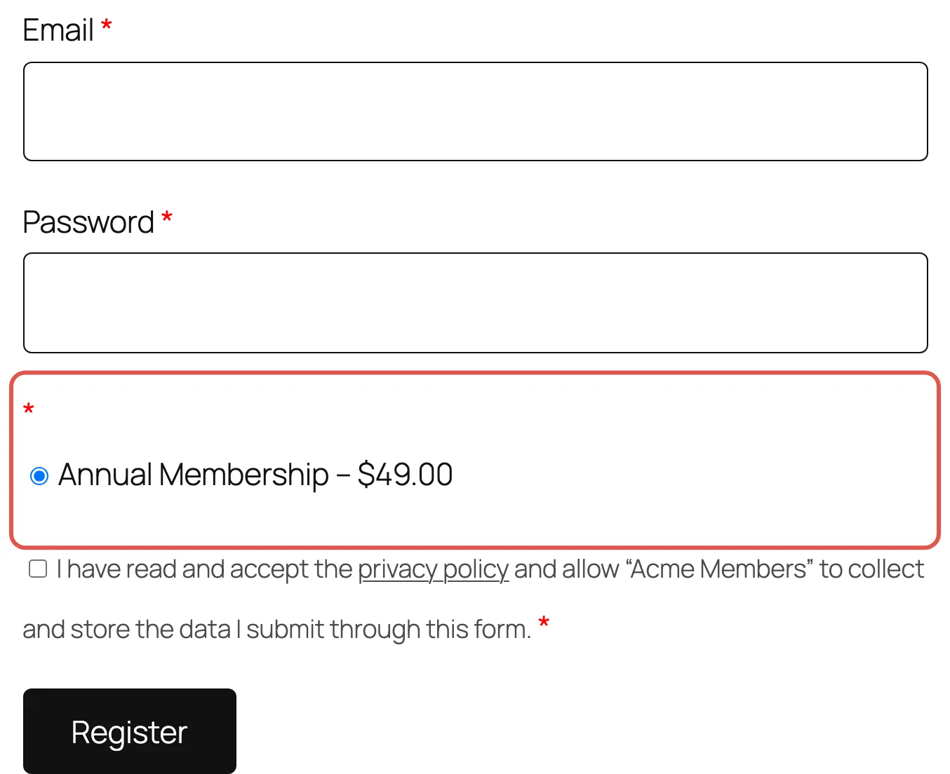 A registration form showing the membership product and its price under the form fields