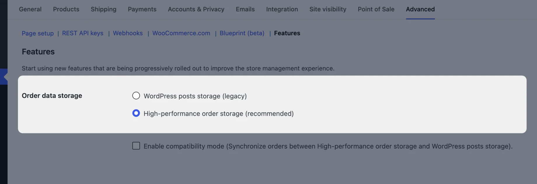 WooCommerce's Features settings with High-Performance Order Storage selected