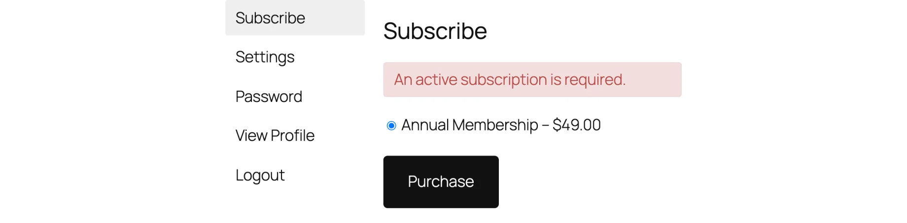 The Subscribe tab on the account page, listing the product to purchase