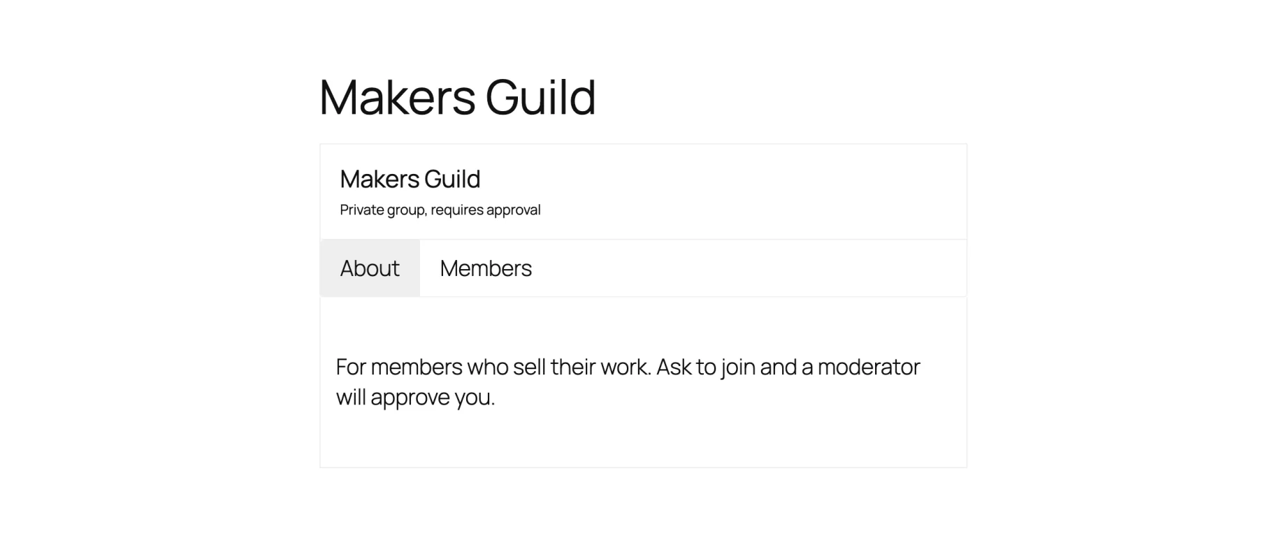 A private group page in WP User Manager, showing "Private group, requires approval" with About and Members tabs