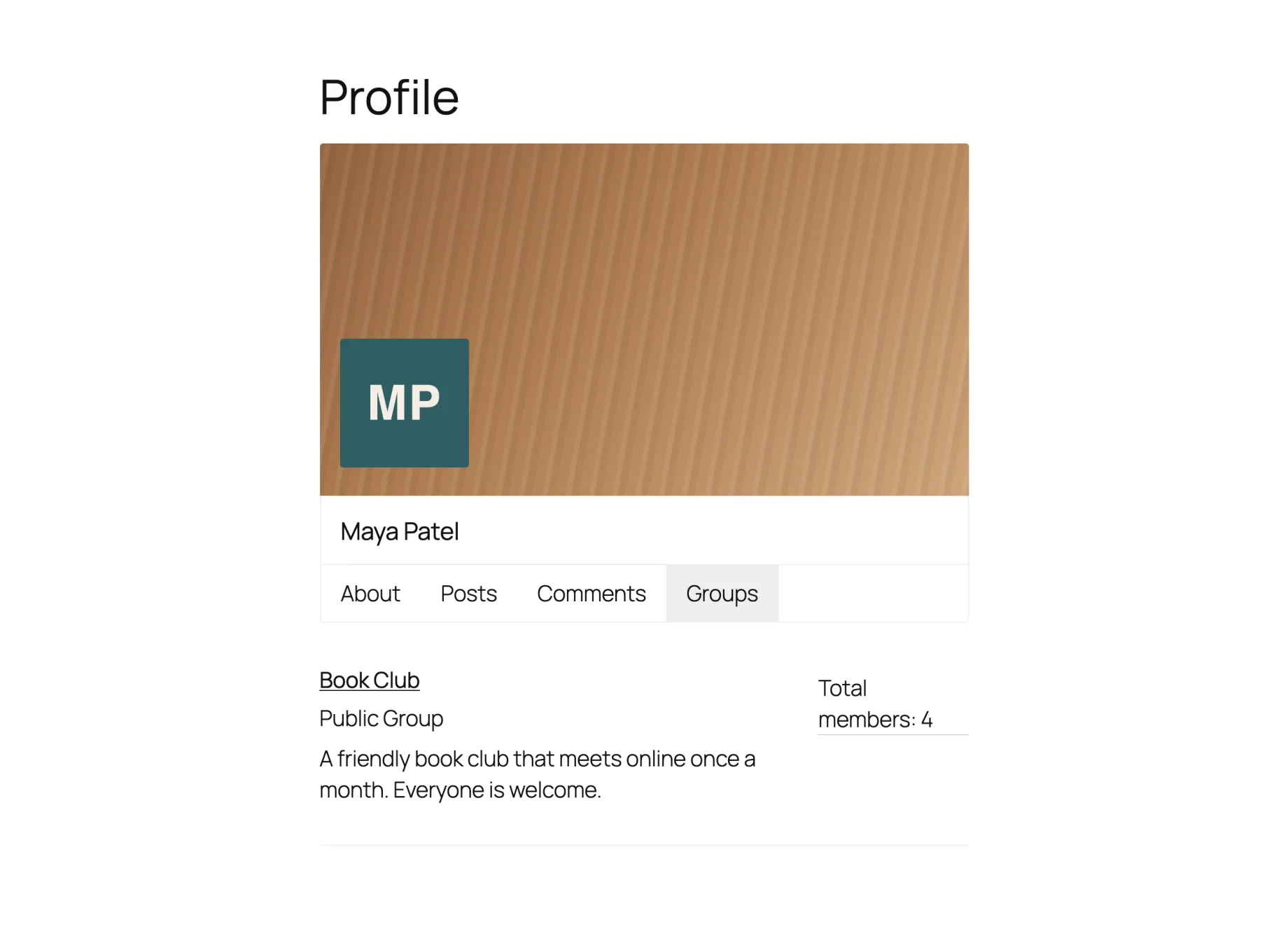 A member profile with a Groups tab listing the Book Club group she belongs to