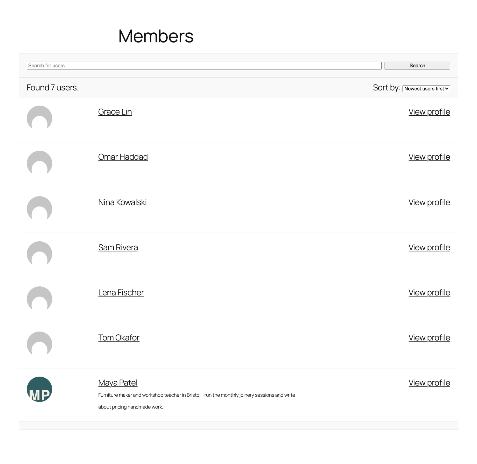 A WordPress member directory with a search box, a sort menu and a list of members