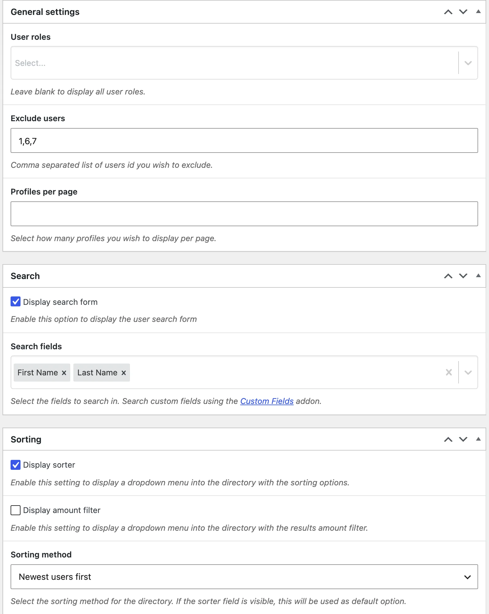The General settings, Search and Sorting boxes for a member directory