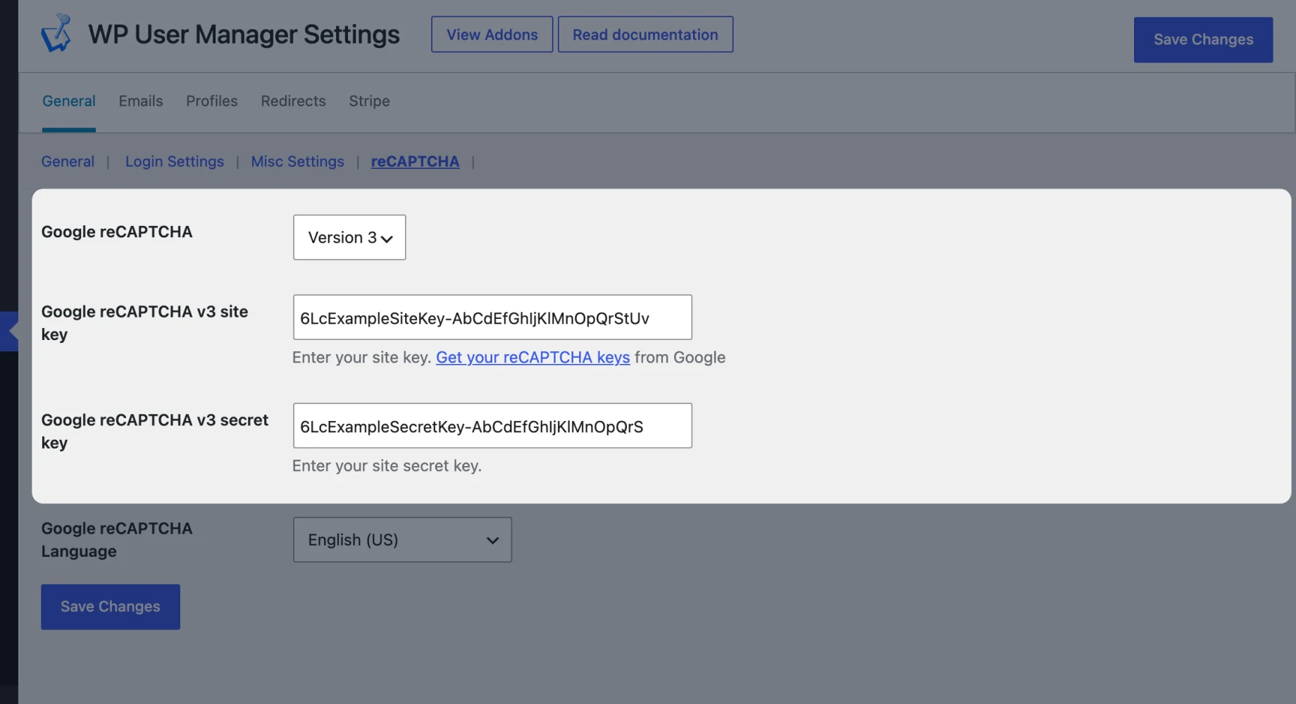 The reCAPTCHA settings in WP User Manager with Version 3 selected and the v3 site key and secret key fields
