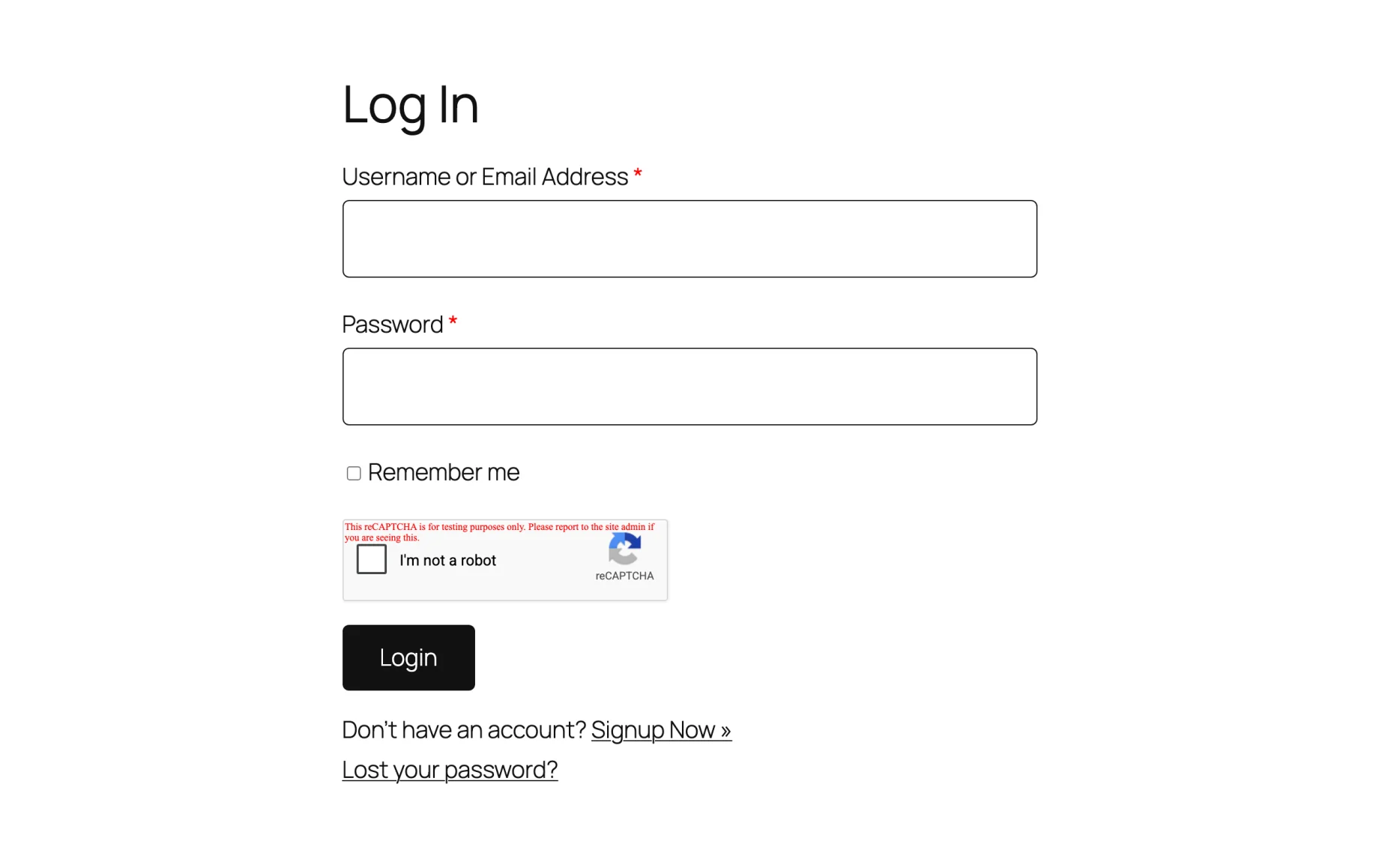 The WP User Manager login form with the reCAPTCHA v2 "I'm not a robot" checkbox above the Login button