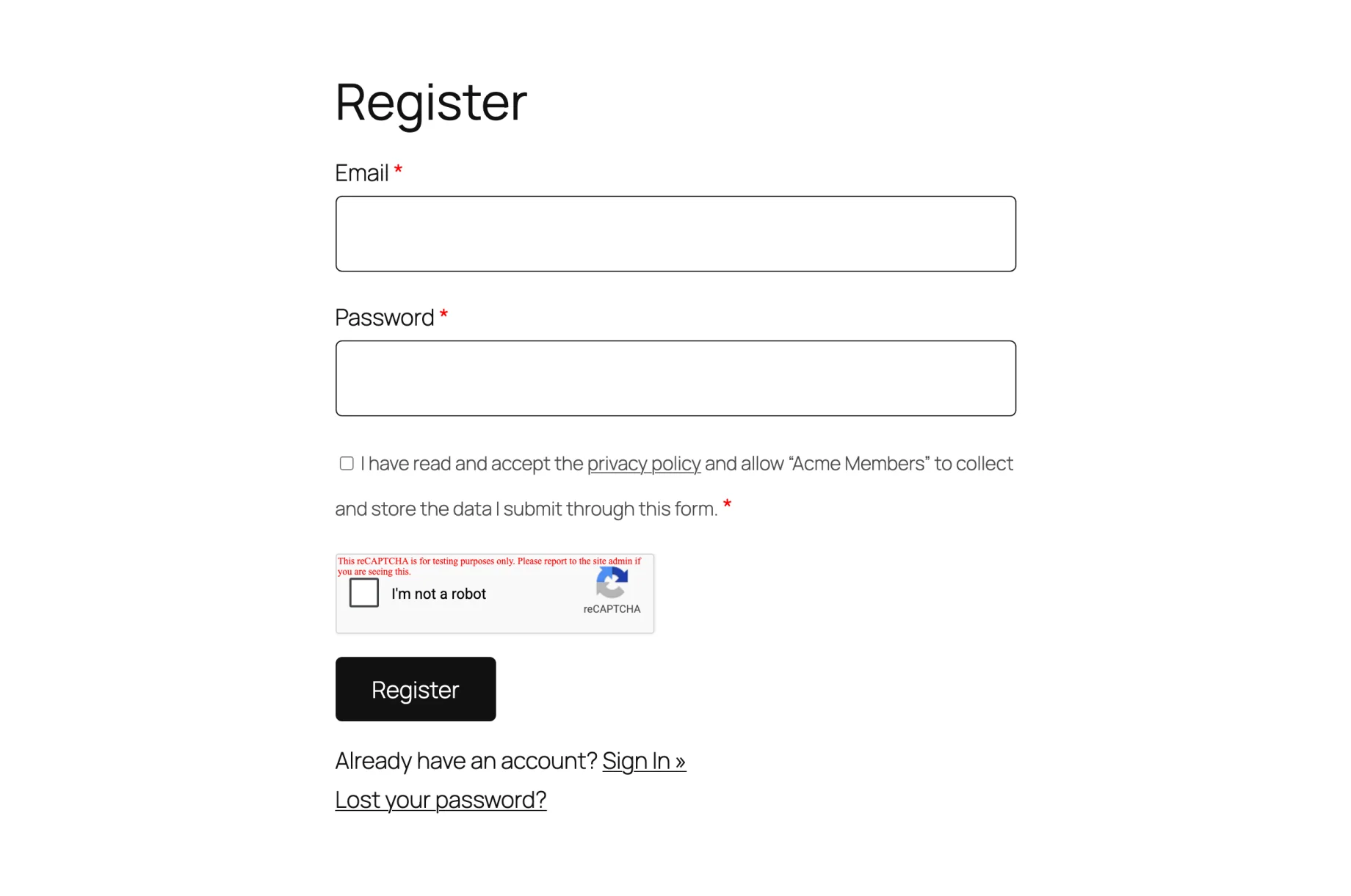 The WP User Manager registration form with the reCAPTCHA v2 checkbox above the Register button