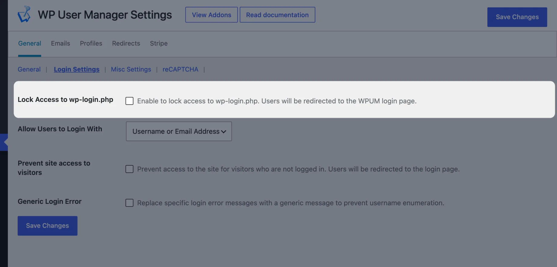 Users > Settings > General > Login Settings with Lock Access to wp-login.php highlighted
