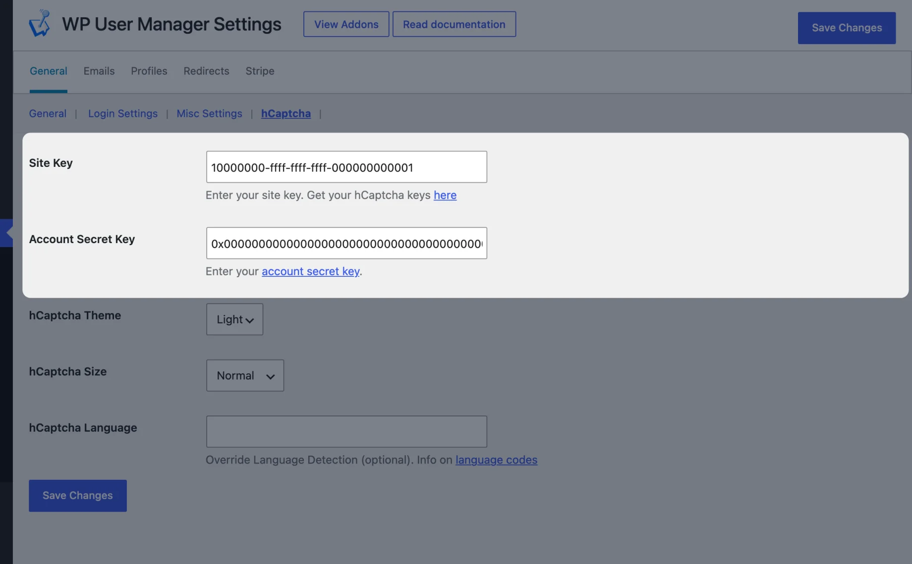 The hCaptcha settings in WP User Manager with the Site Key and Account Secret Key fields highlighted