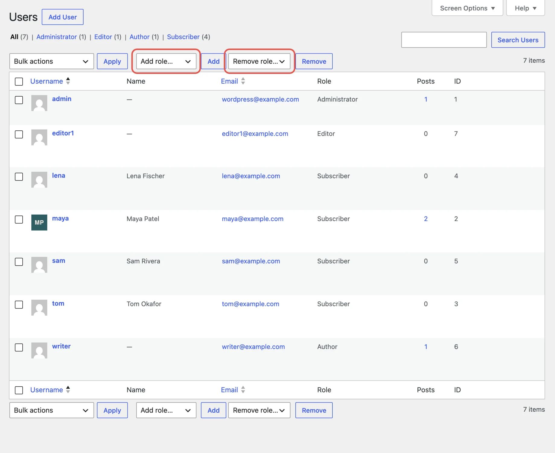 The WordPress Users screen with WP User Manager's Add role and Remove role bulk controls highlighted
