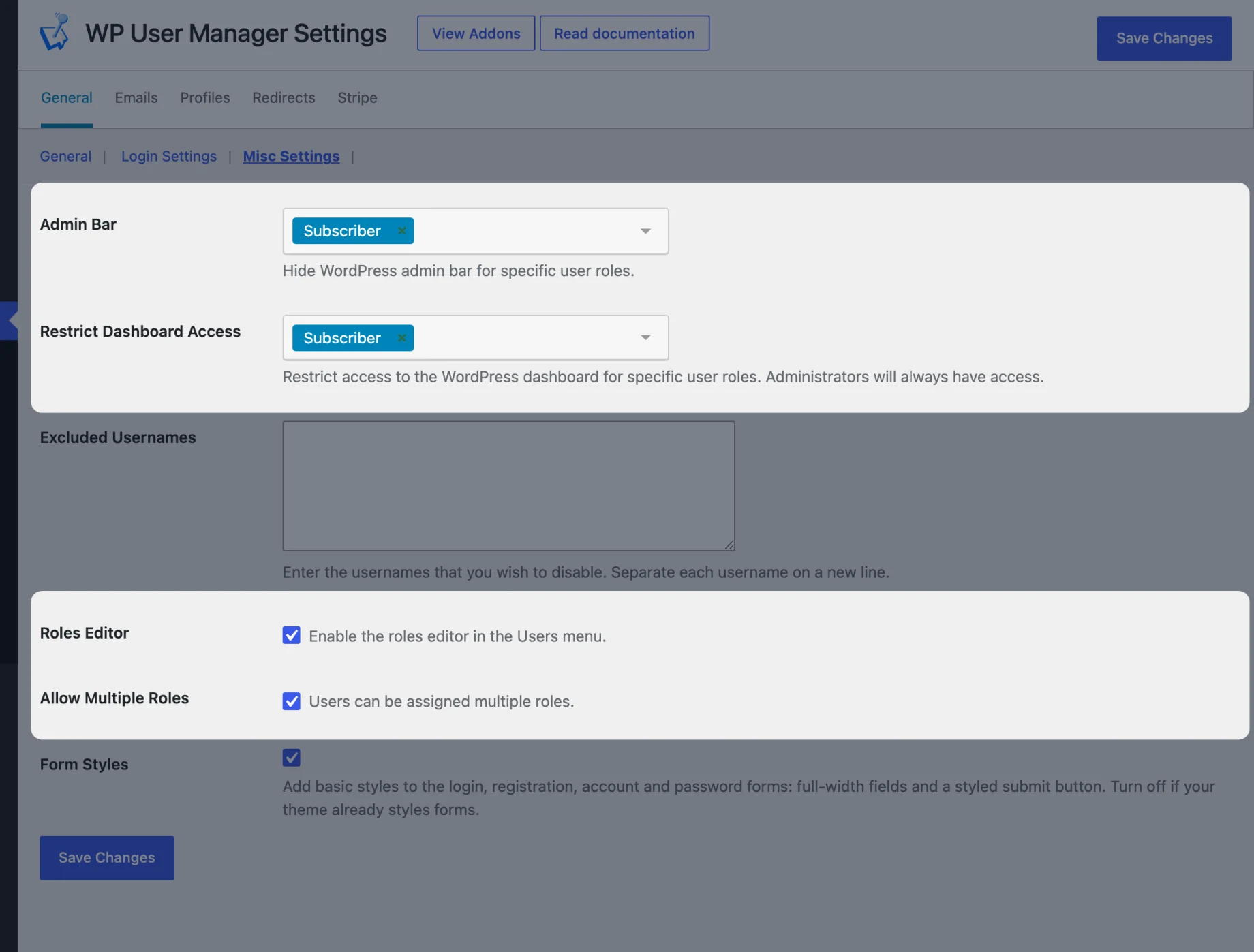 Misc Settings with Admin Bar and Restrict Dashboard Access set for Subscribers, and Roles Editor and Allow Multiple Roles turned on