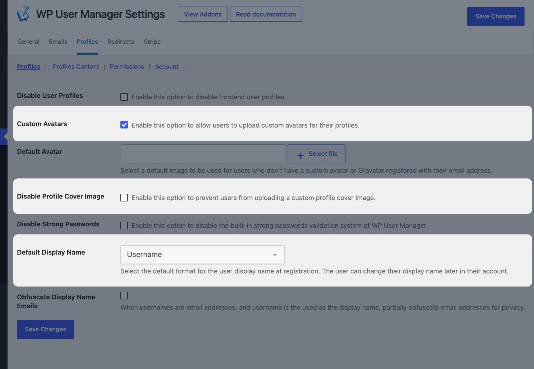 Users > Settings > Profiles in WP User Manager with Custom Avatars, Disable Profile Cover Image and Default Display Name highlighted
