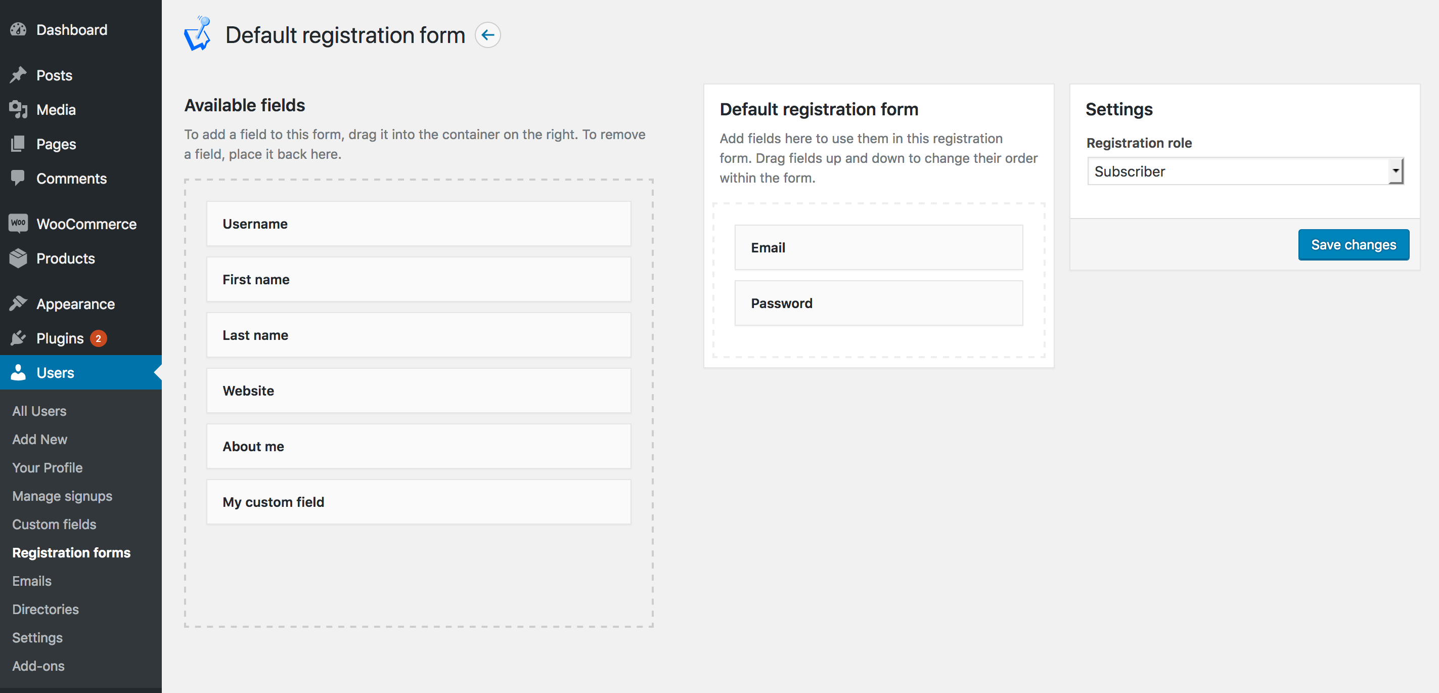 Custom Registration Fields screenshot